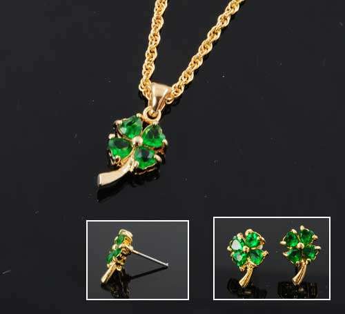 14KT GP Simulated Emerald CZ 4 Leaf Clover Pendant Earring Set