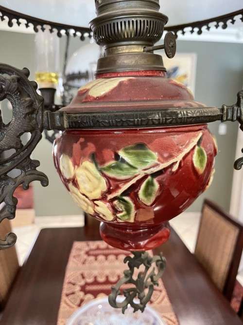 Two art Nouveau - Dutch cast iron and Majolica hanging oil lamps