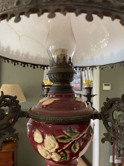 Two art Nouveau - Dutch cast iron and Majolica hanging oil lamps