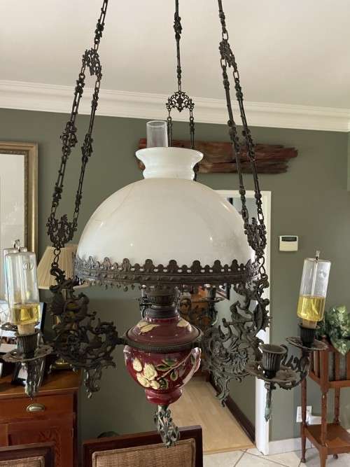Two art Nouveau - Dutch cast iron and Majolica hanging oil lamps