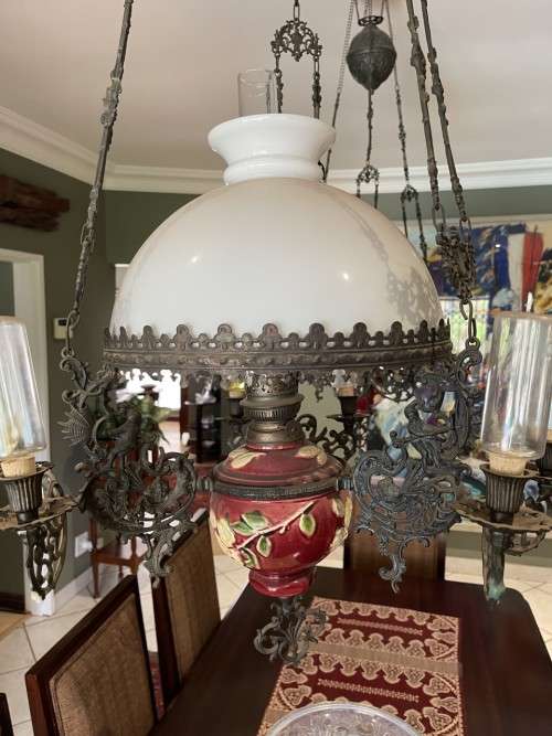 Two art Nouveau - Dutch cast iron and Majolica hanging oil lamps