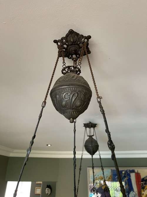 Two art Nouveau - Dutch cast iron and Majolica hanging oil lamps