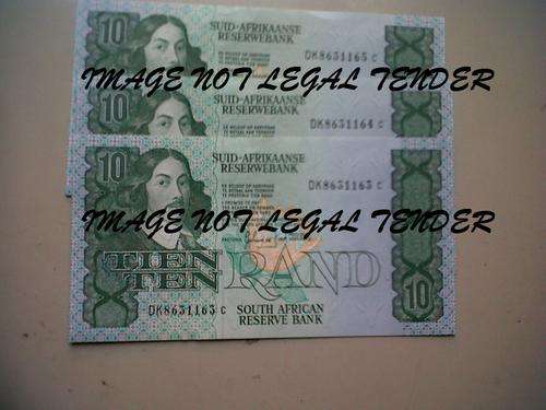 THREE CONSECUTIVE TEN RAND NOTES ABOUT UNC