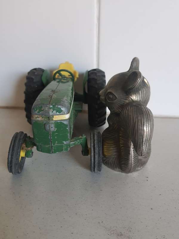 ANTIQUE SPLIT DIECAST TRACTOR AND BUNNY PIGGY-BANK !!!