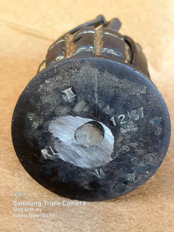 #7 - WORLD WAR 1 NO.36 MK.1 GRENADE MARKED TO BASE PLUG WITH SAFETY PIN AND STRIKER LEVER 10 CM HIGH