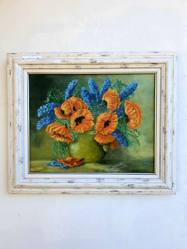 #41 - 220CMX660CM LARGE STUNNING FLORAL PORTRAIT - CAN`T MAKE OUT NAME! - OIL ON BOARD