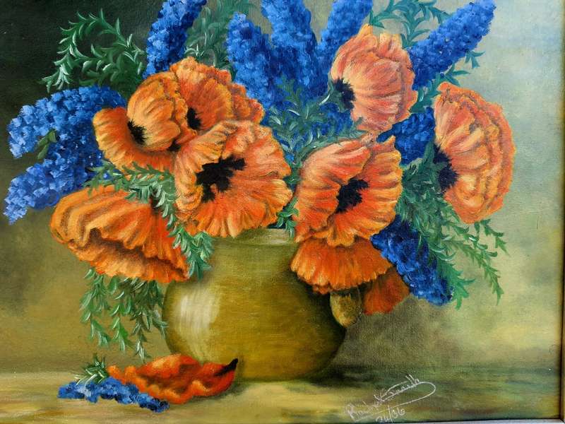#41 - 220CMX660CM LARGE STUNNING FLORAL PORTRAIT - CAN`T MAKE OUT NAME! - OIL ON BOARD