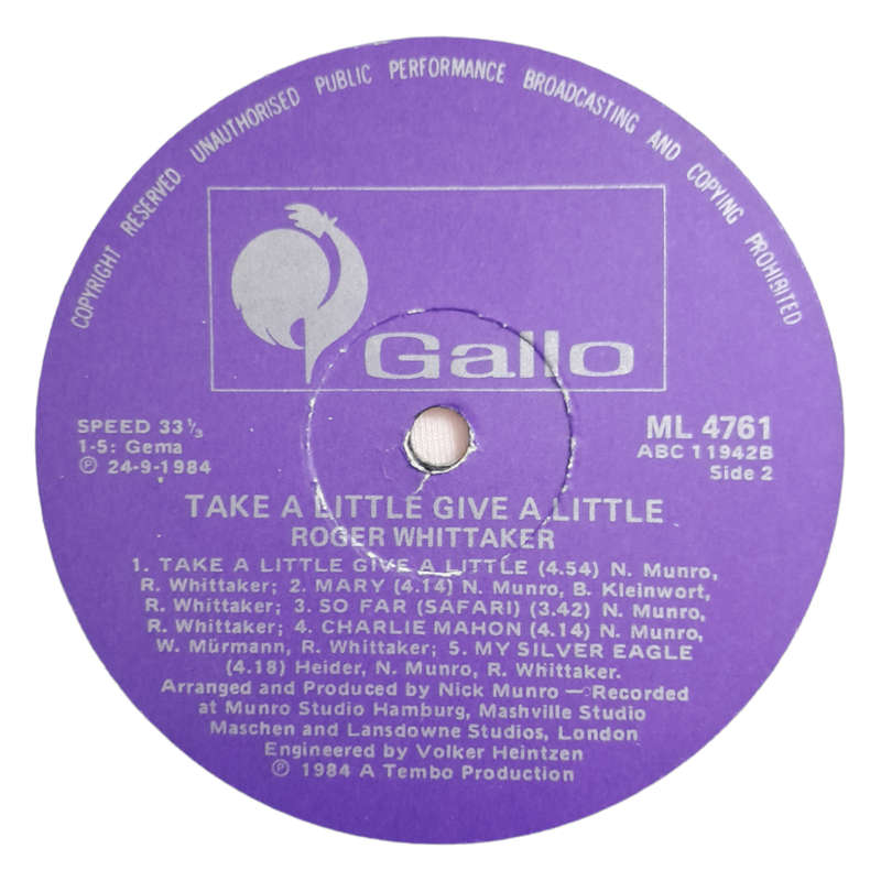 1984 Roger Whittaker - Take A Little-Give a Little - Vinyl, 7`, 33 RPM - Pop, Folk, World & Country