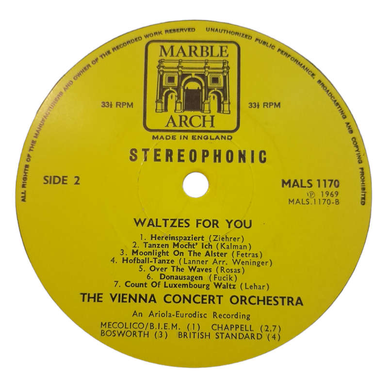 1969 The Vienna Concert Orchestra - Waltzes For You - Vinyl, 7`, 33 RPM - Classical - Very Good - Wi