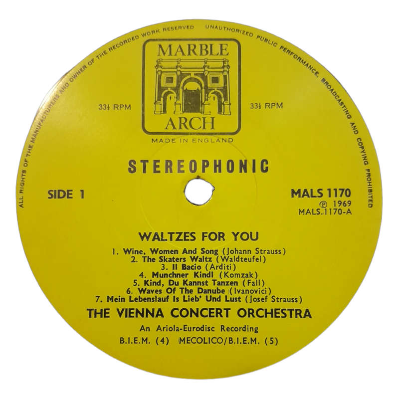 1969 The Vienna Concert Orchestra - Waltzes For You - Vinyl, 7`, 33 RPM - Classical - Very Good - Wi