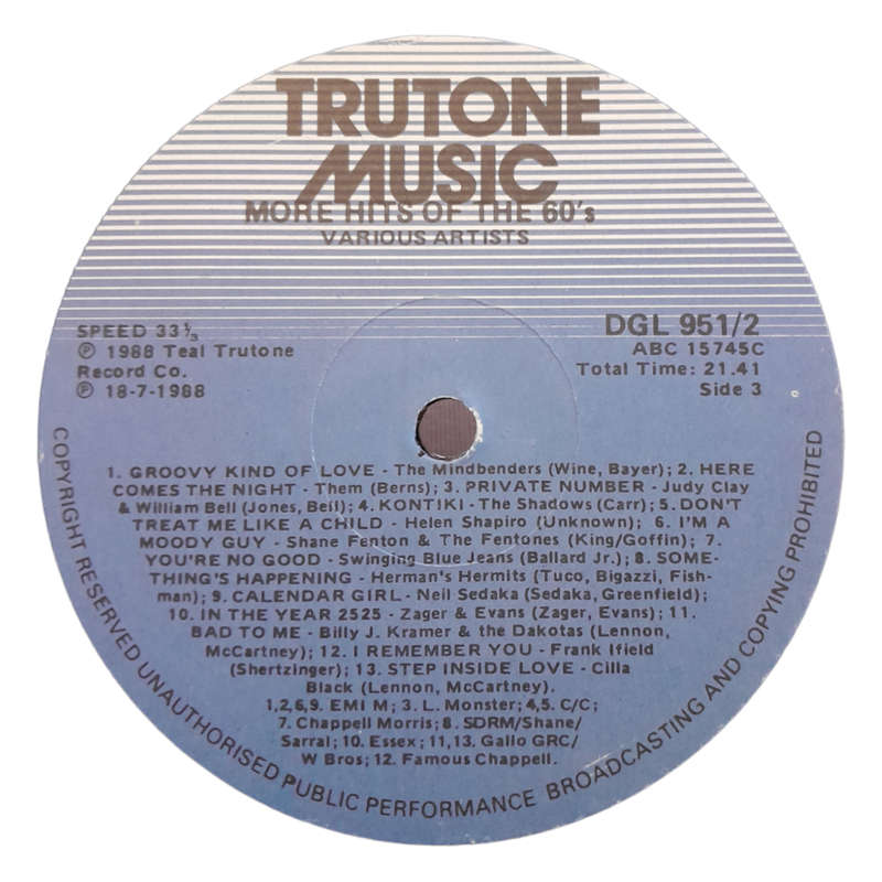 1988 Various - More Hits Of The Sixties - Vinyl, 7`, 33 RPM - Rock, Pop - Excellent - With Cover