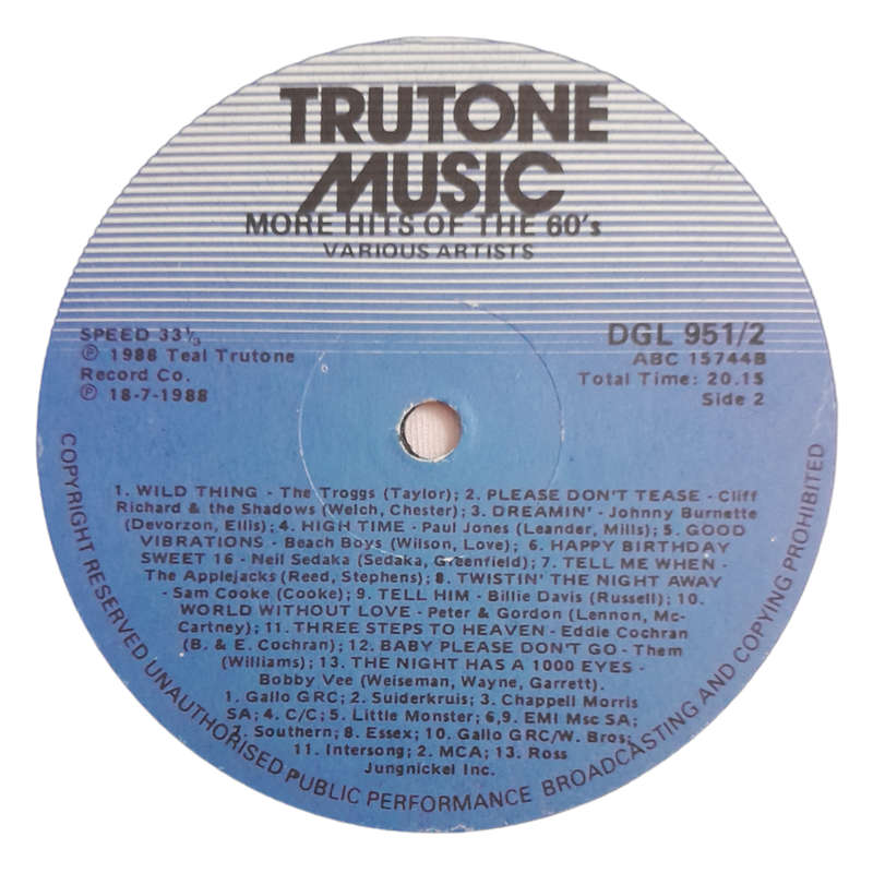 1988 Various - More Hits Of The Sixties - Vinyl, 7`, 33 RPM - Rock, Pop - Excellent - With Cover