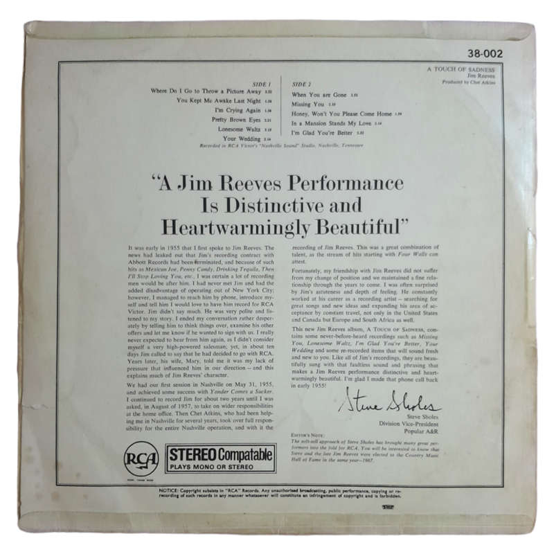 1968 Jim Reeves - A Touch Of Sadness - Vinyl, 7`, 33 RPM - Folk, World & Country - Very Good - With