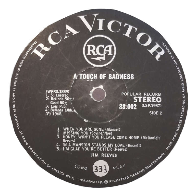 1968 Jim Reeves - A Touch Of Sadness - Vinyl, 7`, 33 RPM - Folk, World & Country - Very Good - With