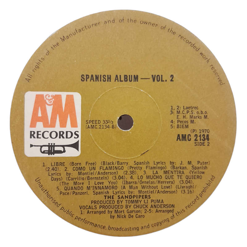 1970 The Sandpipers - Spanish Album / Volume 2 - Vinyl, 7`, 33 RPM - Jazz, Latin - Very Good - With