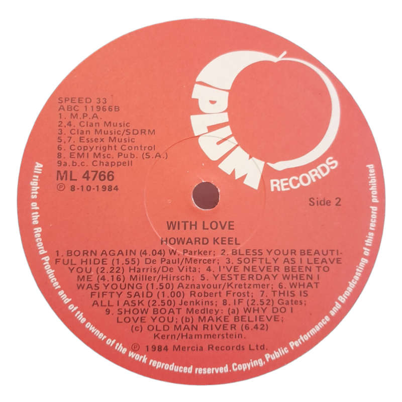 1984 Howard Keel - With Love: 20 Great Songs - Vinyl, 7`, 33 RPM - Pop - Excellent - With Cover