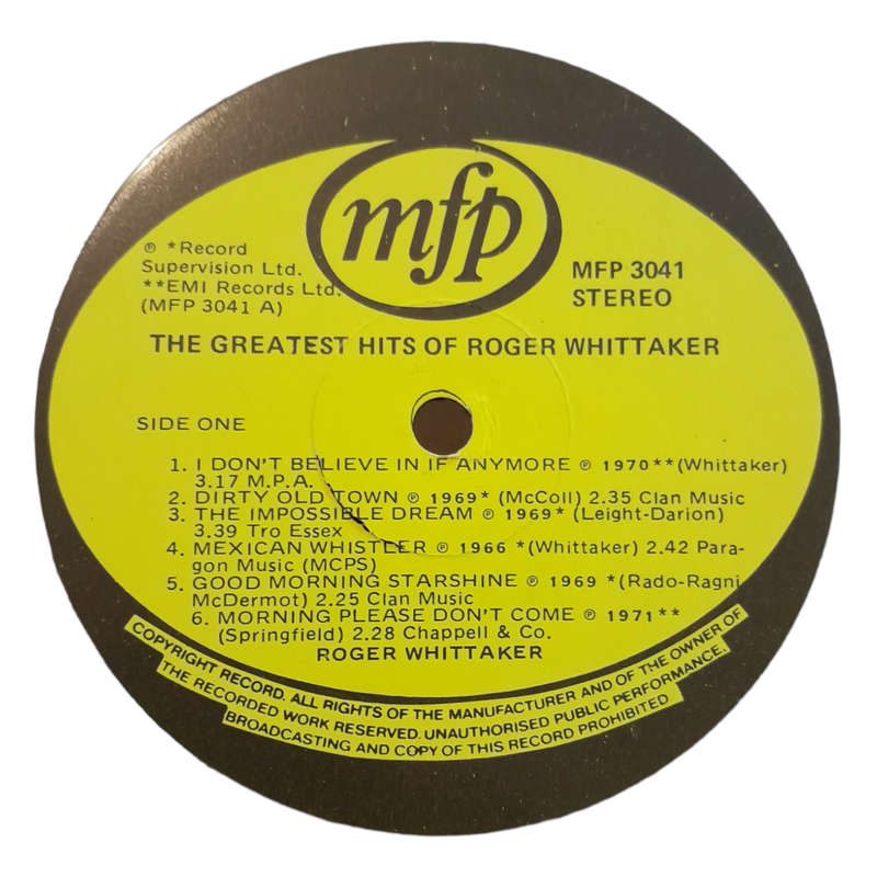 1978 Roger Whittaker - The Greatest Hits Of Roger Whittaker - Vinyl, 7`, 33 RPM - Folk, World, Count