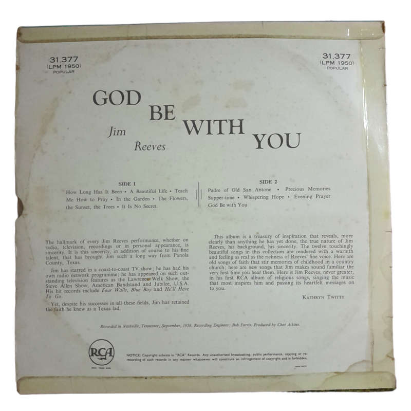 1959 Jim Reeves - God Be With you - Vinyl, 7`, 33 RPM - Folk, World & Country - Very Good - With Cov