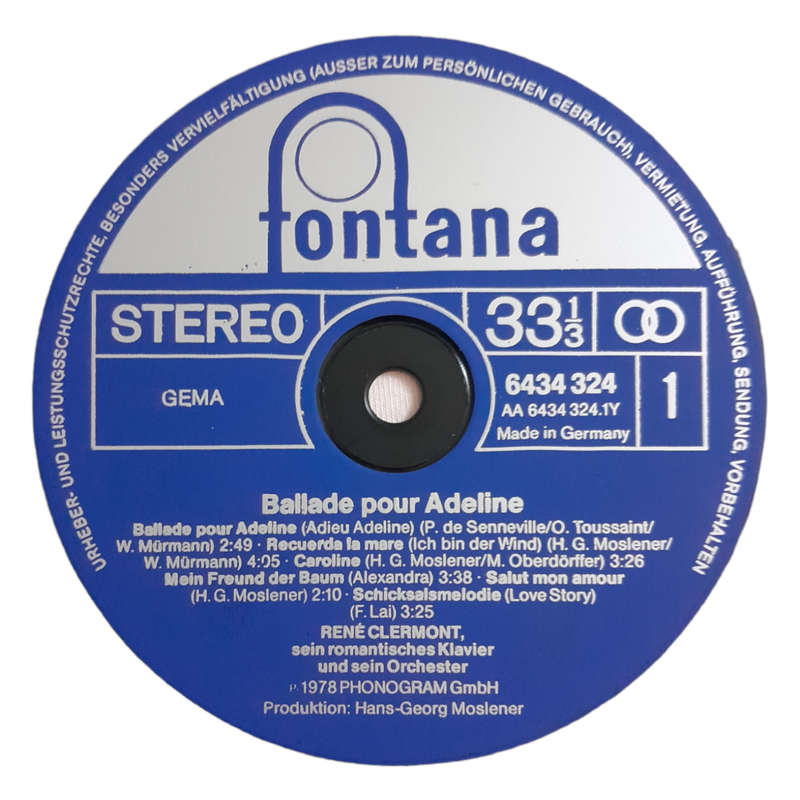 1978 René Clermont  Ballade Pour Adeline - Vinyl, 7`, 33 RPM - Pop - Excellent - With Cover