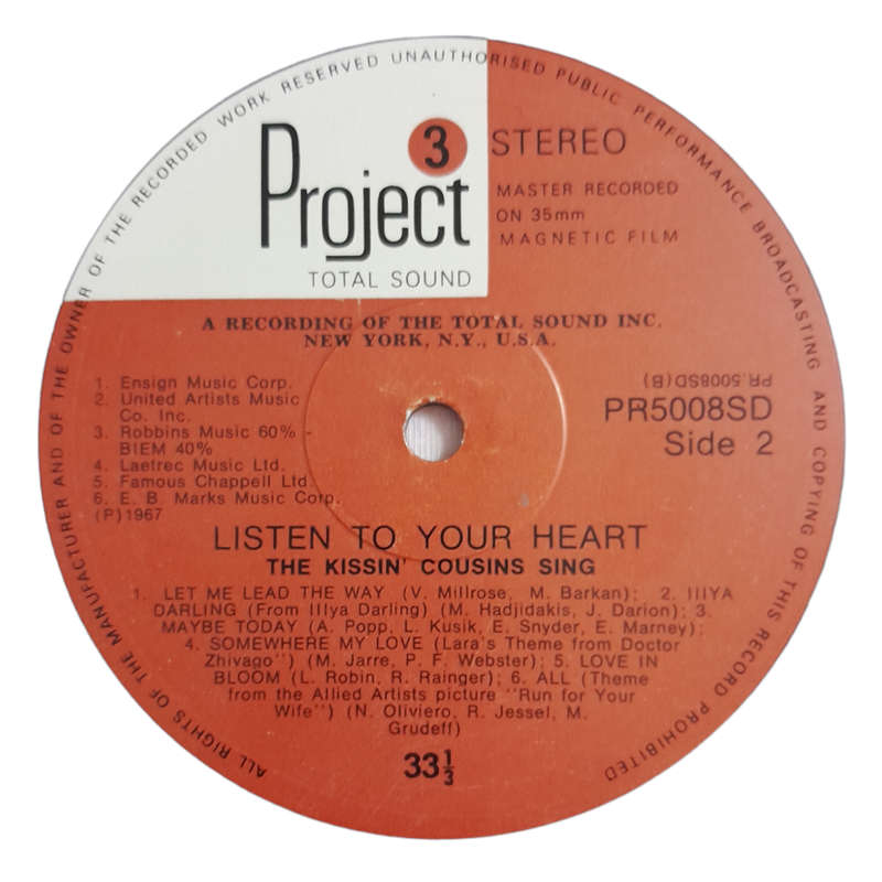 1967 Lew Davies And His Orchestra - The Kissin` Cousins Sing Listen To Your Heart - Vinyl, 7`, 33 RP