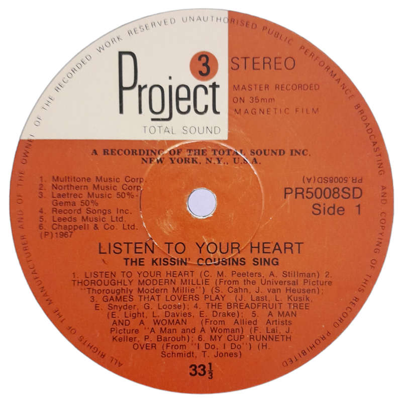 1967 Lew Davies And His Orchestra - The Kissin` Cousins Sing Listen To Your Heart - Vinyl, 7`, 33 RP