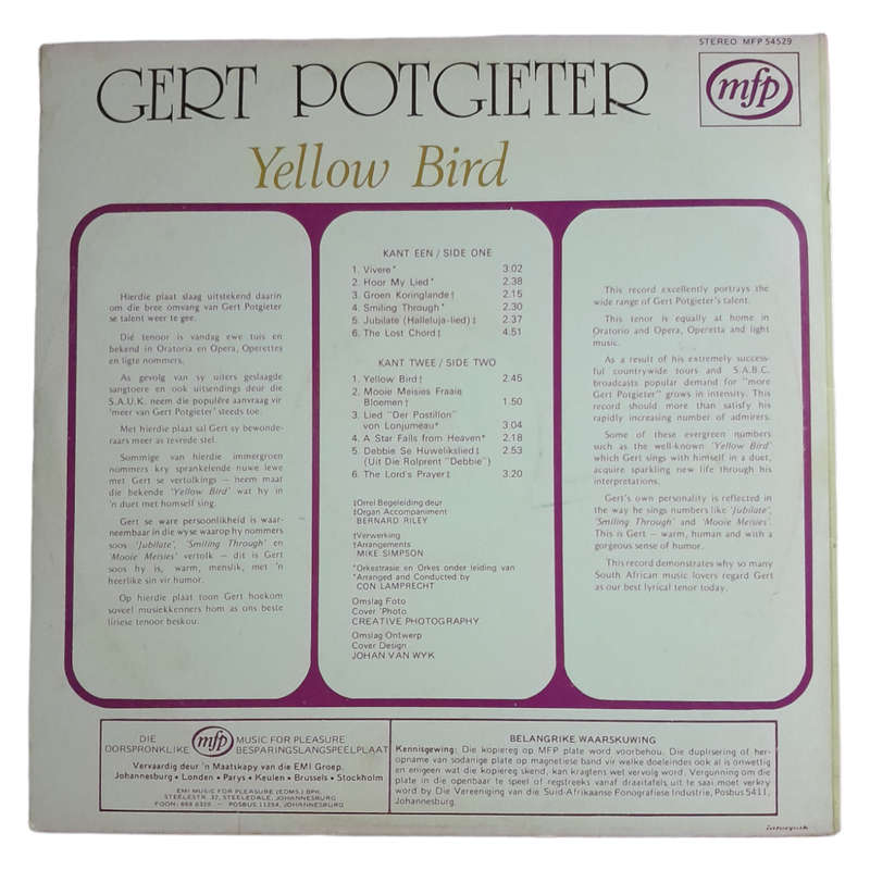1969 Gert Potgieter - Yellow Bird - Vinyl, 7`, 33 RPM - Opera - Very Good Plus - With Cover