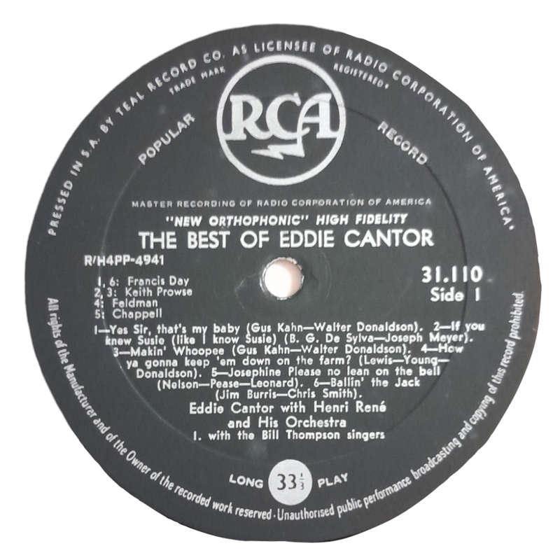 1957 Eddie Cantor - The Best Of Eddie Cantor - Vinyl, 7`, 33 RPM - Pop, Stage & Screen - Very Good -