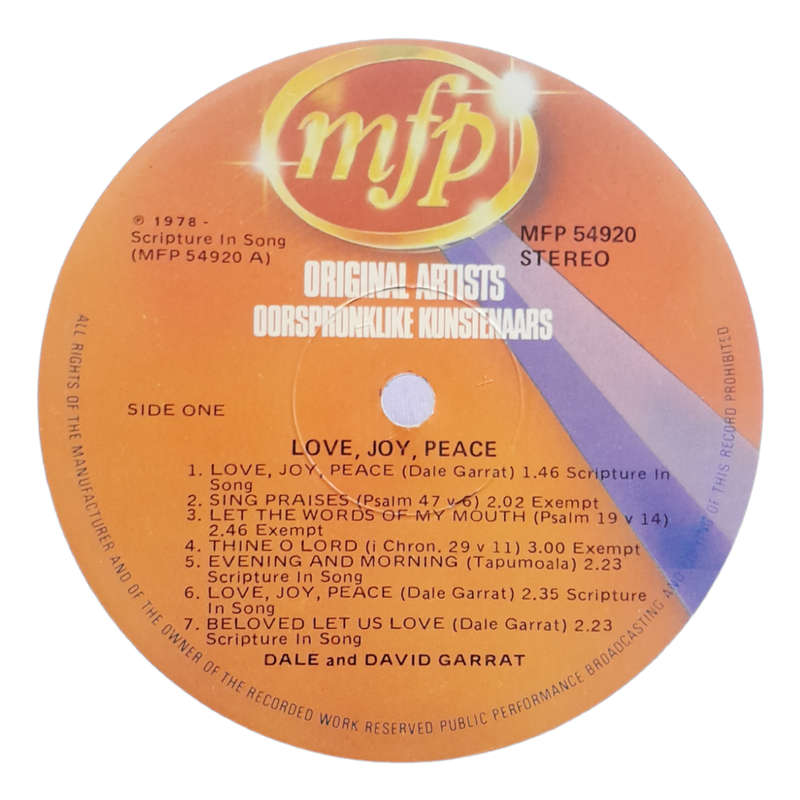 1978 David And Dale Garratt`s Religious World  Love, Joy, Peace - Vinyl, 7`, 33 RPM - pop, Folk, Wo