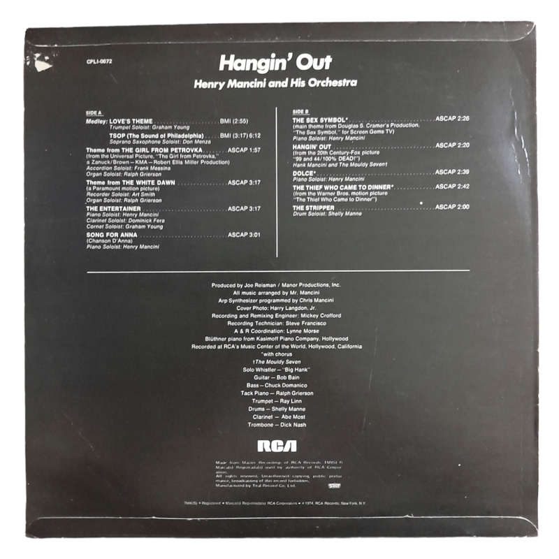 1974 Henry Mancini - Hangin` Out With Henry Mancini - Vinyl, 7`, 33 RPM - Jazz, Pop - Very Good Plus