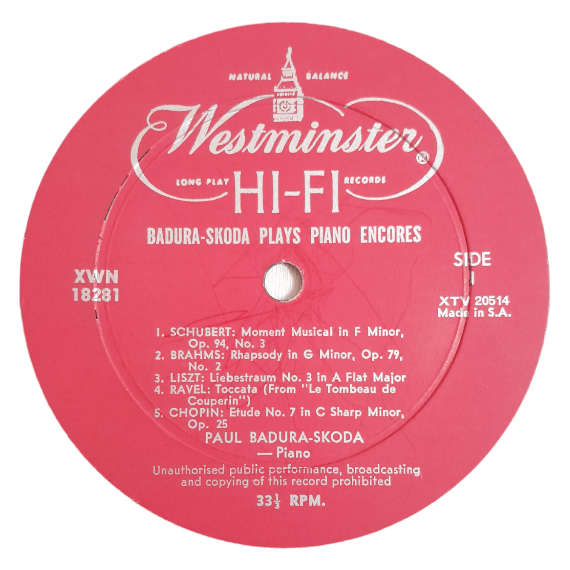 1956 Badura Skoda - Badura Skoda Plays Piano Encores - Vinyl, 7`, 33 RPM - Classical - Very Good - W