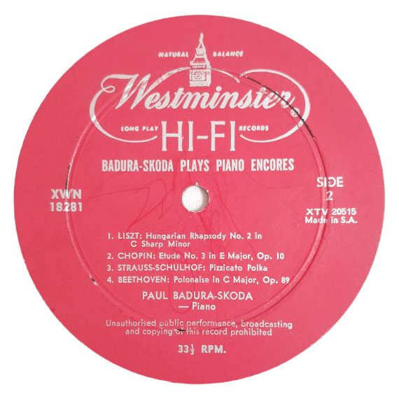 1956 Badura Skoda - Badura Skoda Plays Piano Encores - Vinyl, 7`, 33 RPM - Classical - Very Good - W