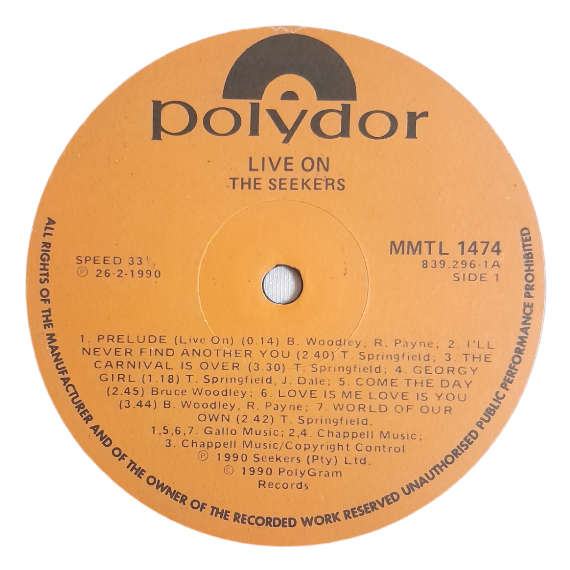 1992 The Seekers - Live On - Vinyl, 7`, 33 RPM - Folk - Very Good - With Cover
