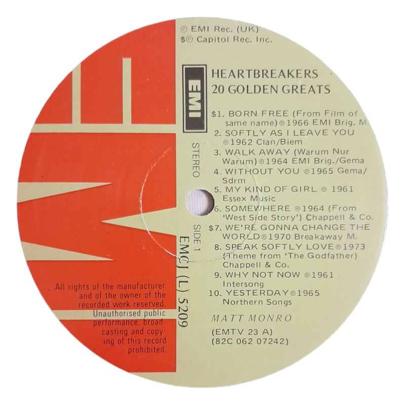 1980 Matt Monro - Heart Breakers - 20 Golden Greats From Matt Monro - Vinyl, 7`, 33 RPM - Jazz - Goo
