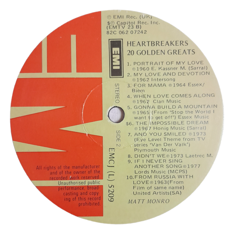 1980 Matt Monro - Heart Breakers - 20 Golden Greats From Matt Monro - Vinyl, 7`, 33 RPM - Jazz - Goo