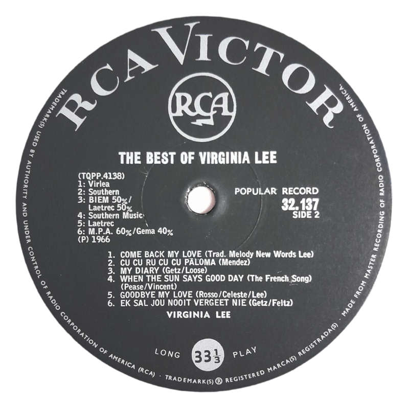 1966 Virginia Lee  The Best Of Virginia Lee - Vinyl, 7`, 33 RPM - Pop - Very Good - With Cover