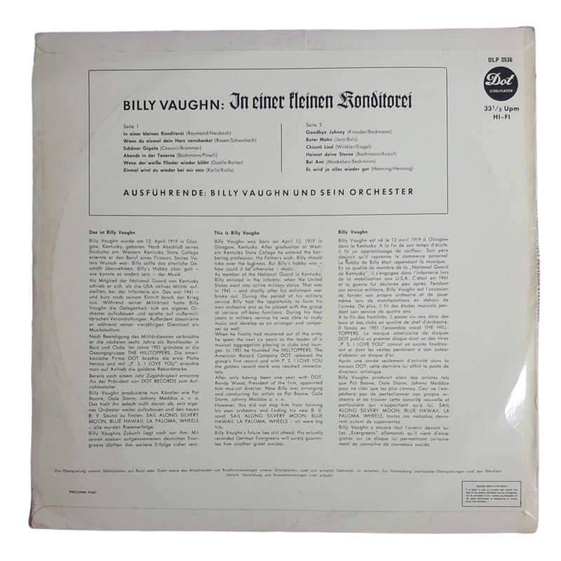 1964 Billy Vaughn Und Sein Orchester  Billy Vaughn Spielt Deutsche Evergreens - In Einer Kleinen Ko