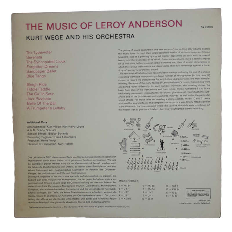 1963 Kurt Wege And His Orchestra  The Music Of Leroy Anderson - Vinyl, 7`, 33 RPM - Jazz - Very Goo