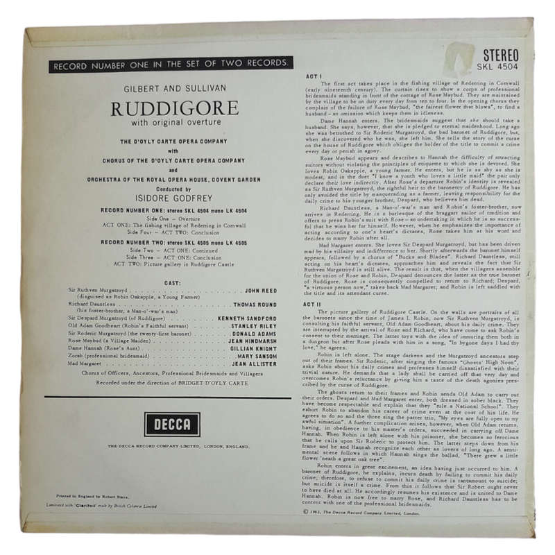 1962 D`Oyly Cartes Opera Company - Ruddicore by W. S. Gilbert and Arthur Sullivan - Vinyl, 7`, 33 RP