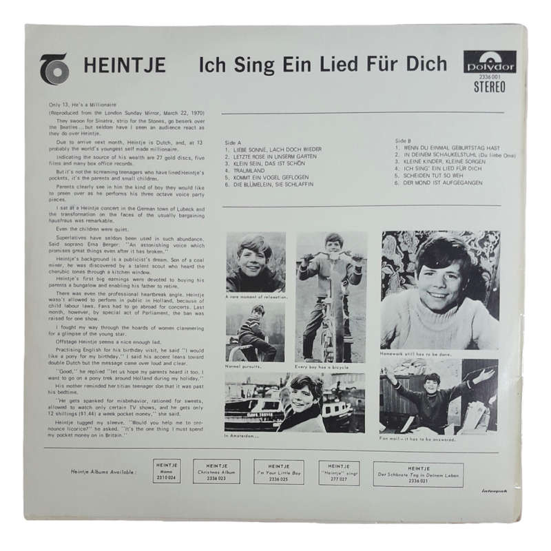 1970 Heintje  Ich Sing` Ein Lied Für Dich - Vinyl, 7`, 33 RPM - Pop - Very Good - With Cover