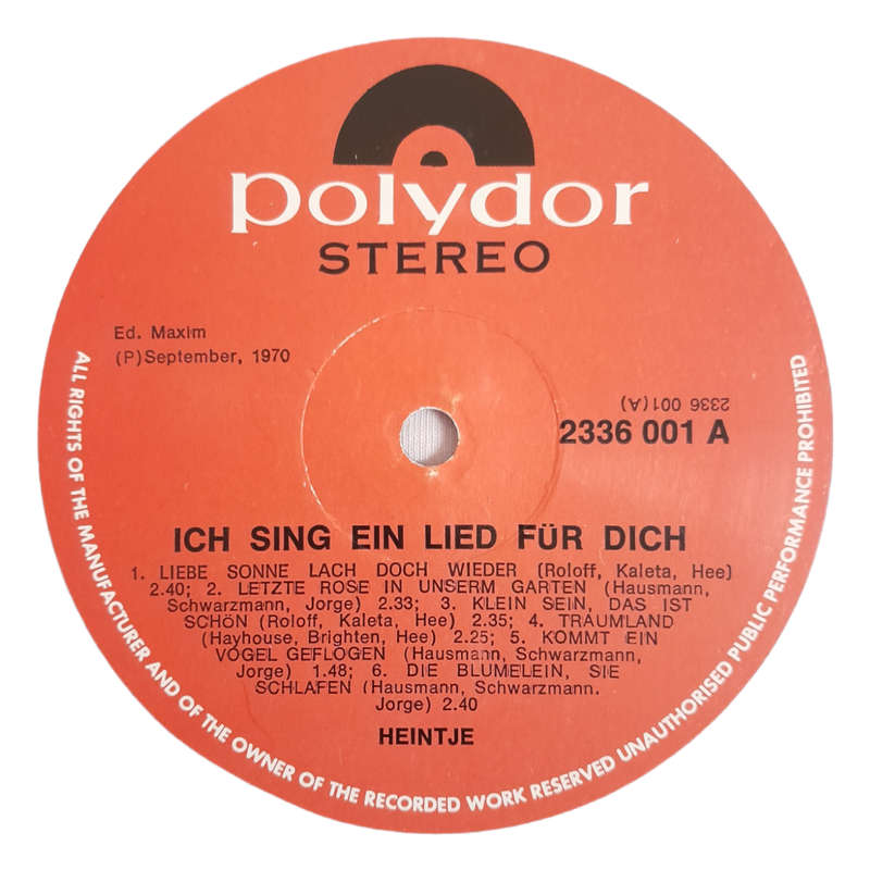 1970 Heintje  Ich Sing` Ein Lied Für Dich - Vinyl, 7`, 33 RPM - Pop - Very Good - With Cover