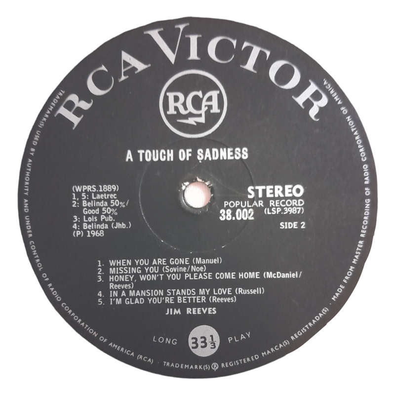 1968 Jim Reeves - A Touch Of Sadness - Vinyl, 7`, 33 RPM - Folk, World & Country - Good - With Cover