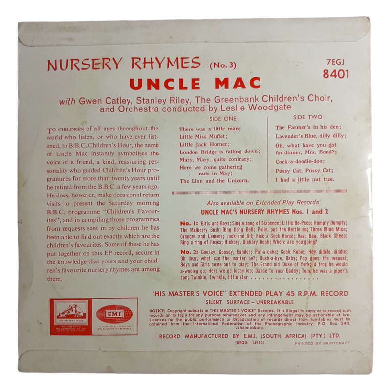 1958 Uncle Mac  Nursery Rhymes (No. 3) - Vinyl, 7`, 45 RPM - Children`s - Good - With Cover