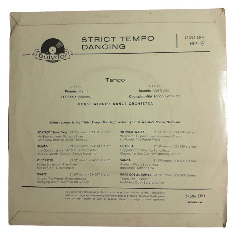 1962 Horst Wende`s Dance Orchestra  Strict Tempo Dancing - Tango - Vinyl, 7`, 45 RPM - Latin - Very