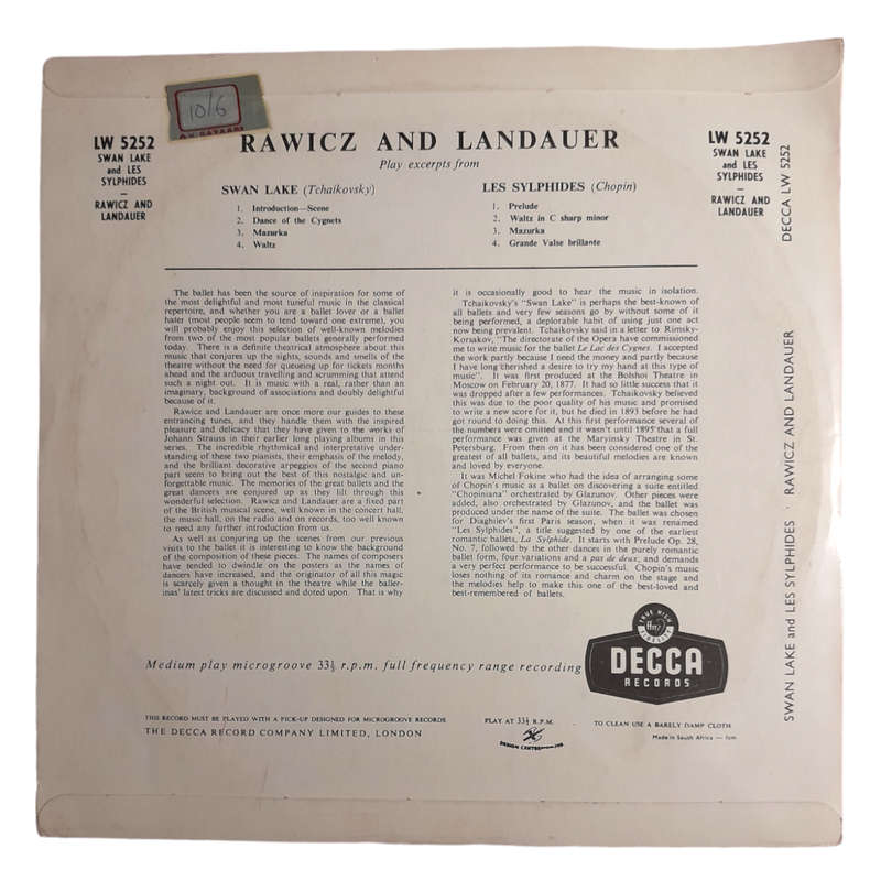 1957 Rawicz & Landauer  Play Excerpts From Swan Lake (Tchaikovsky) And Les Sylphides (Chopin) - Vin