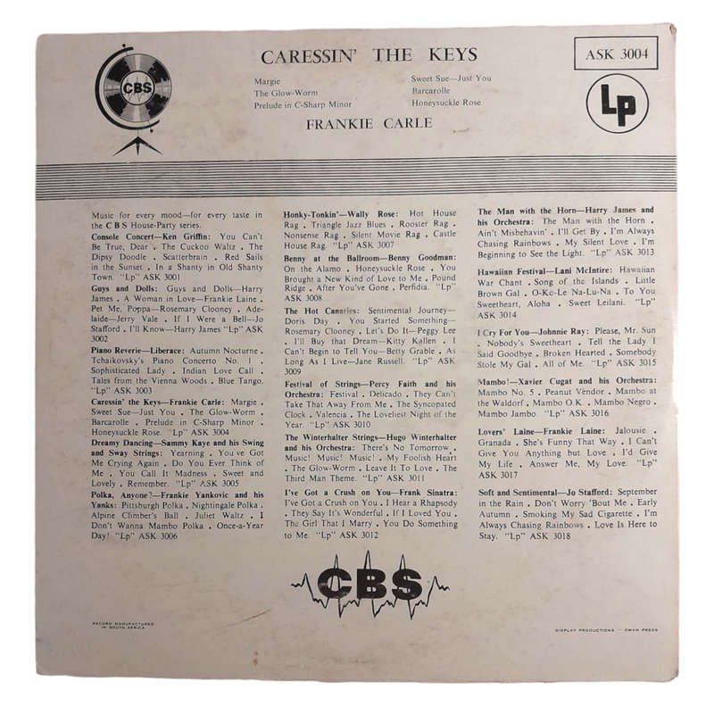 1955 Frankie Carle  Caressin` The Keys - Vinyl, 10`, 33 RPM - Jazz - Very Good - With Damaged Cover