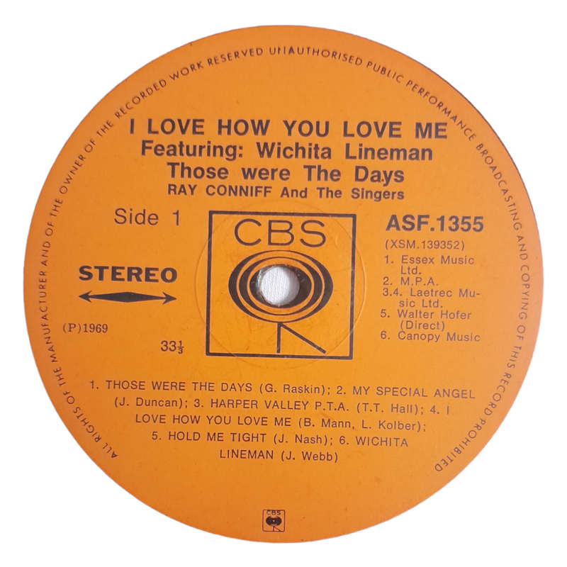 1969 Ray Conniff And The Singers  I Love How You Love Me - Vinyl, 12`, 33 RPM - Pop - Very Good Plu