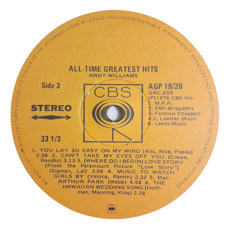 1976 Andy Williams  All-Time Greatest Hits - Vinyl, 12`, 33 RPM - Pop - Very Good Plus - With Cover