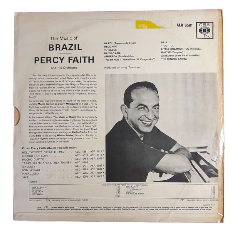 1962 Percy Faith & His Orchestra  The Music Of Brazil! - Vinyl, 12`, 33 RPM - Latin - Very Good Plu