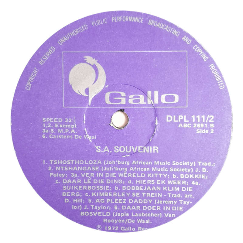 1972 Various  South African Souvenir - Vinyl, 12`, 33 RPM - Folk - Very Good - With Cover