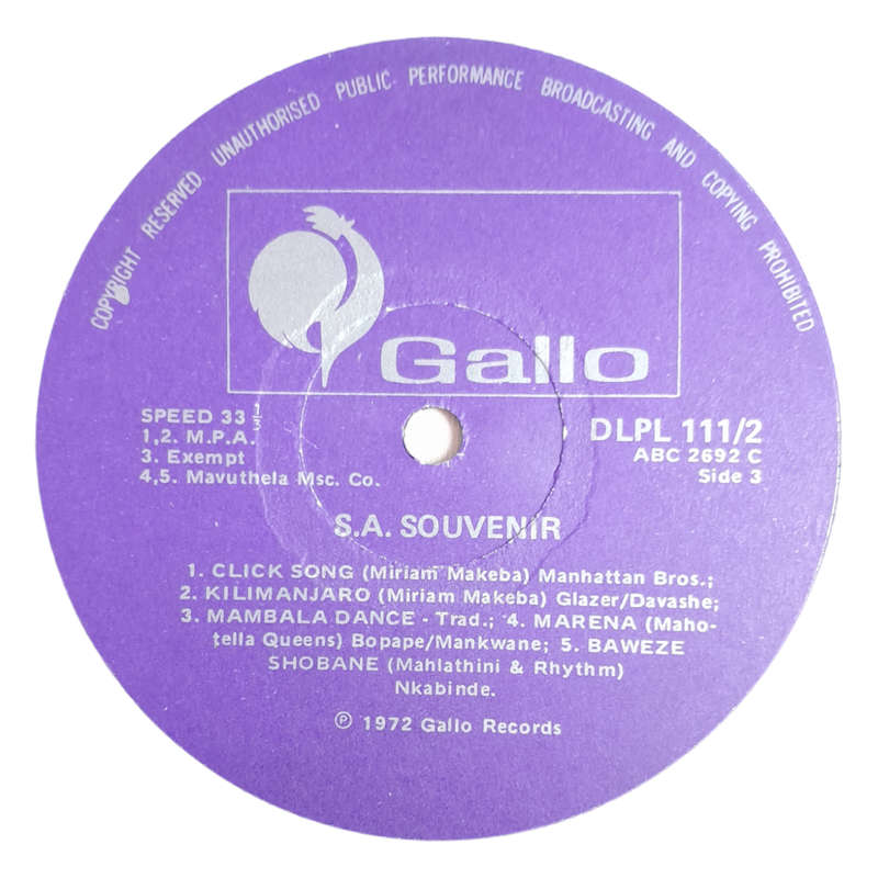 1972 Various  South African Souvenir - Vinyl, 12`, 33 RPM - Folk - Very Good - With Cover
